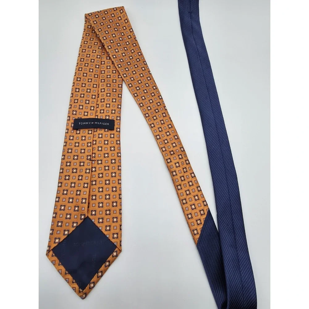 Tommy Hilfiger 100% Silk Geometric Orange Blue Long Tie 58
